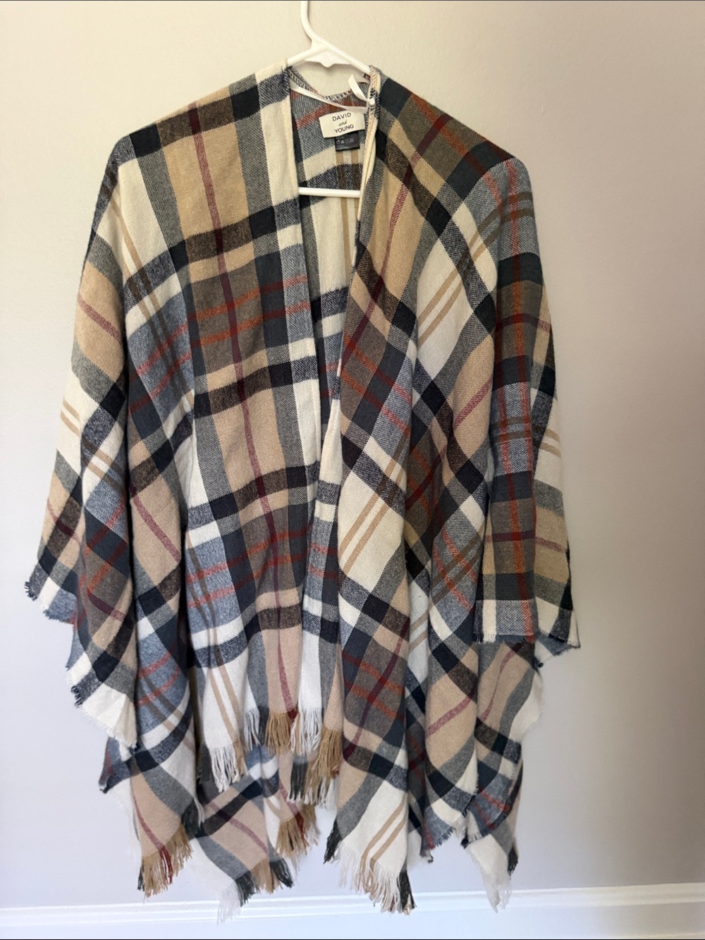 David and Young Plaid Fringe Cape Shawl - Cream, Black, Brown NWOT